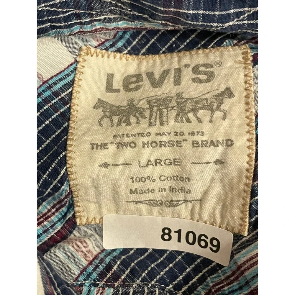Levis Mens Large Blue Plaid Long Sleeve Western Pearl Snap Button Down Shirt